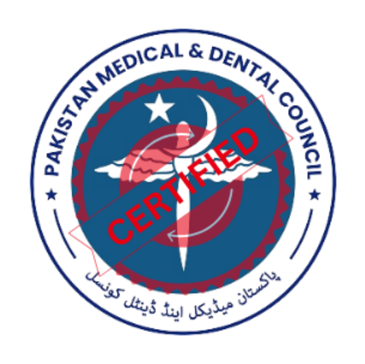 Pakistan Medical and Dental Council Certified badge representing that the dentist is certified from PMDC